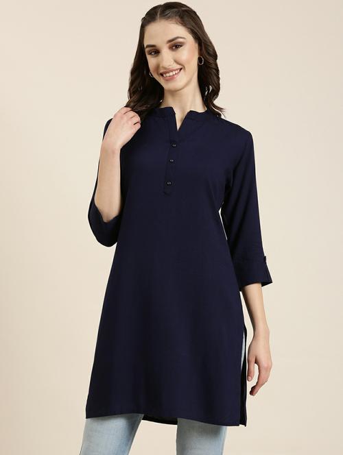 navy blue solid mandarin neck straight kurti - 20251161 - Very Small Image - 1