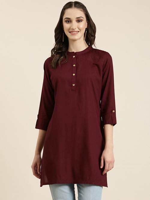 maroon solid round neck straight kurti - 20251164 - Very Small Image - 1