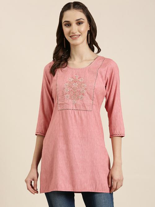 women pink round neck straight kurti - 20251183 - Very Small Image - 1