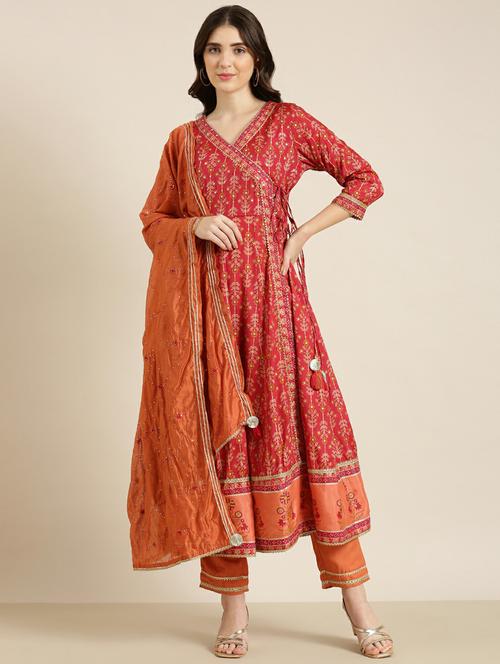 red v neck kurta dupatta set - 20251224 - Very Small Image - 1