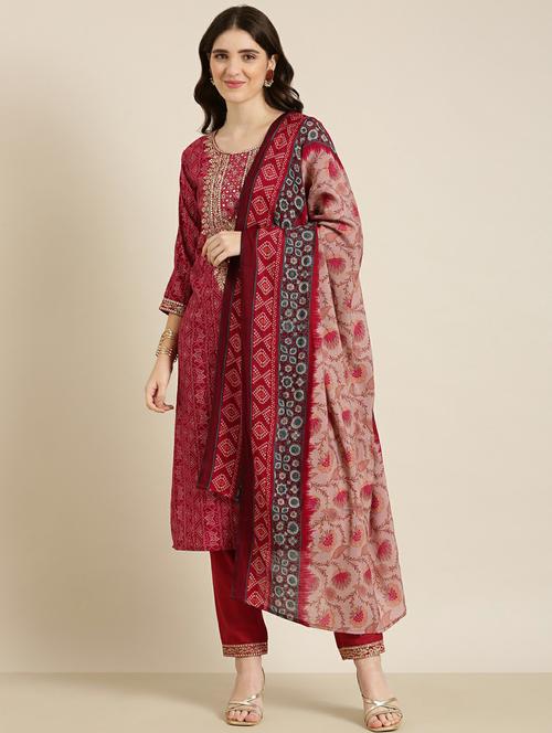fuchsia round neck kurta pant set wit dupatta - 20251237 - Very Small Image - 1