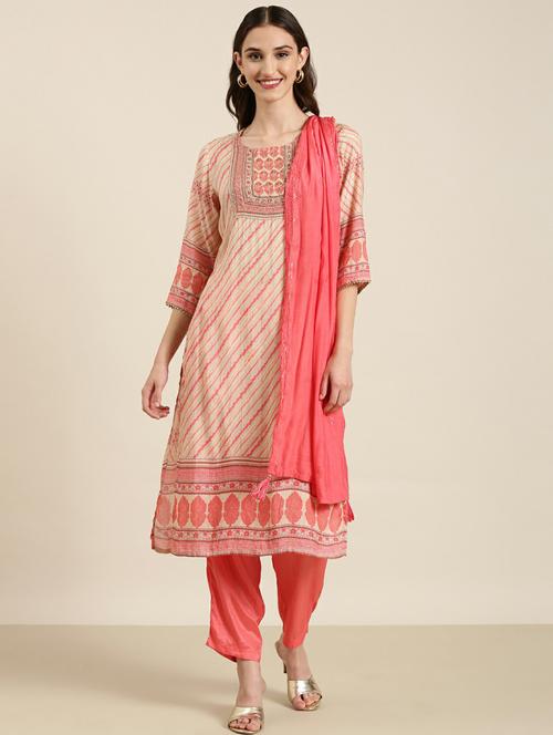women leheriya round neck kurta pant set with dupatta - 20251332 - Very Small Image - 1