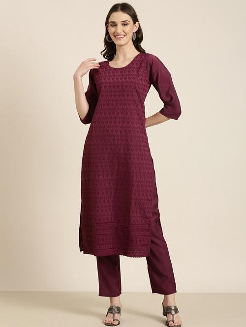 women chikankari work round neck kurta pant set - 20251386 - Very Small Image - 1