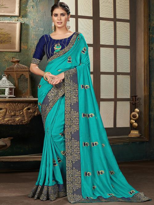 turquoise colored embroidered saree with blouse - 20251653 - Very Small Image - 1