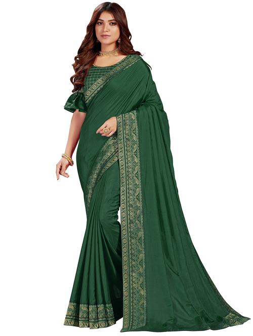 women green solid bordered saree with blouse - 20251867 - Very Small Image - 1