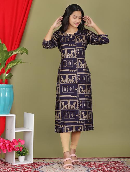 women navy blue round neck straight kurta - 20252005 - Very Small Image - 1