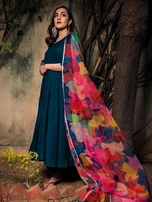 teal colored kurta dupatta set - 20252159 - Very Small Image - 1