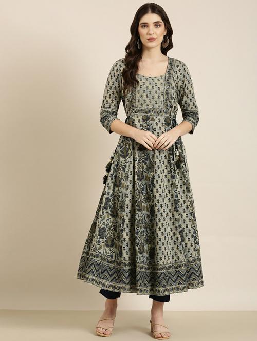 olive block print cotton anarkali kurta - 20252330 - Very Small Image - 1