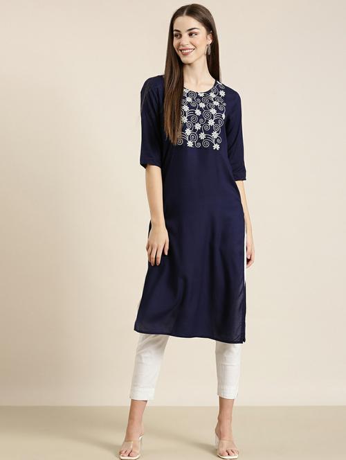 navy yoke embroidered cotton straight kurta - 20252428 - Very Small Image - 1