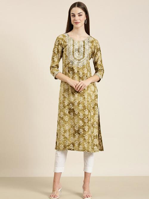 olive cotton straight kurta - 20252462 - Very Small Image - 1
