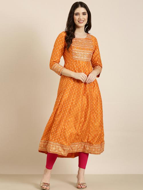 orange yoke embroidered cotton silk anarkali kurta - 20252476 - Very Small Image - 1
