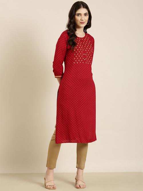 maroon foil printed straight kurta - 20252502 - Very Small Image - 1