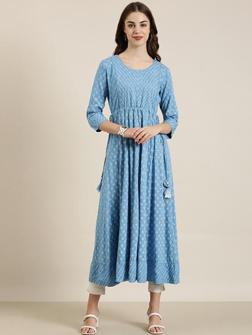 light blue block printed a-line kurta - 20252548 - Very Small Image - 1
