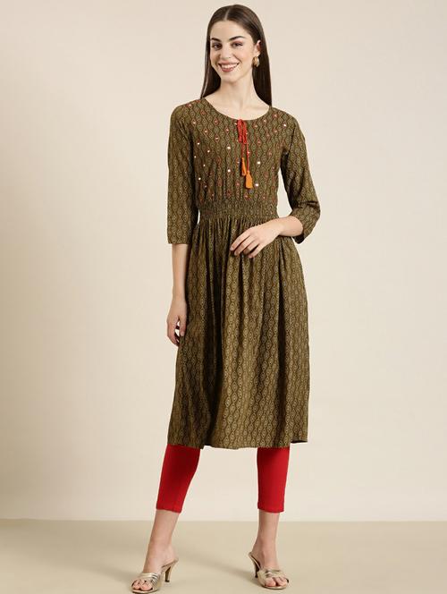 olive printed a-line kurta - 20252600 - Very Small Image - 1