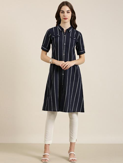 navy striped a-line kurta - 20252614 - Very Small Image - 1