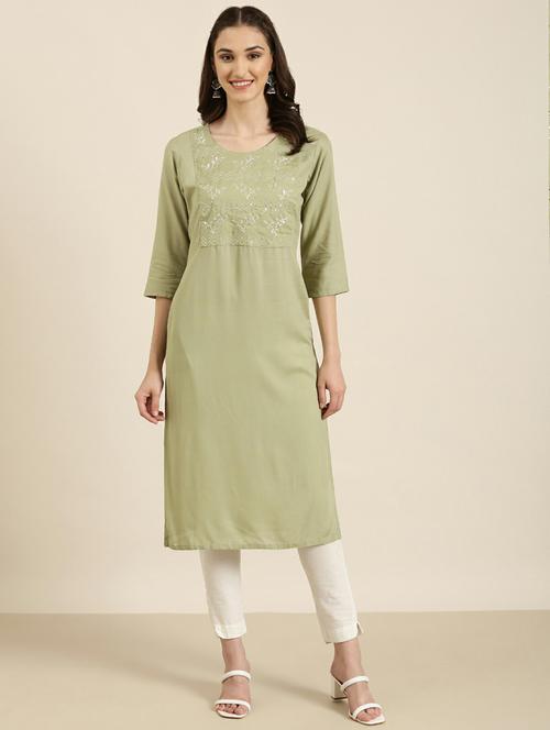 olive embroidered straight kurta - 20252639 - Very Small Image - 1