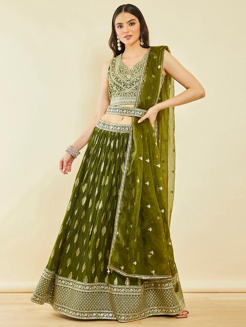 olive colored flared lehenga - 20252668 - Very Small Image - 1
