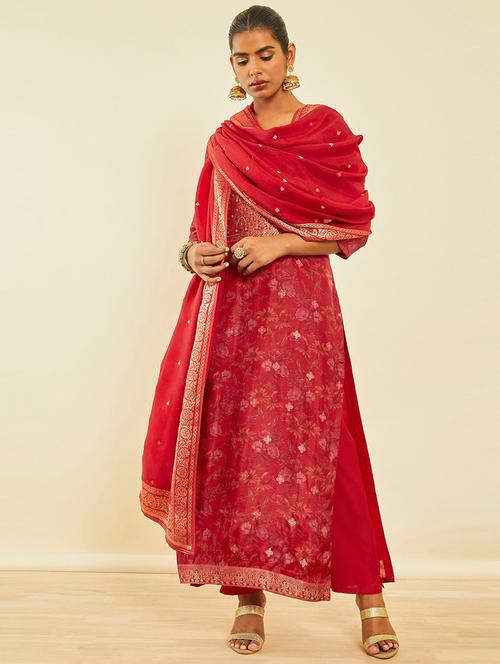 women red round neck kurta pant set with dupatta - 20252689 - Very Small Image - 1