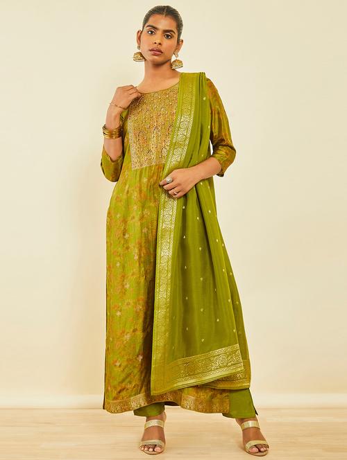 women green round neck kurta pant set with dupatta - 20252691 - Very Small Image - 1