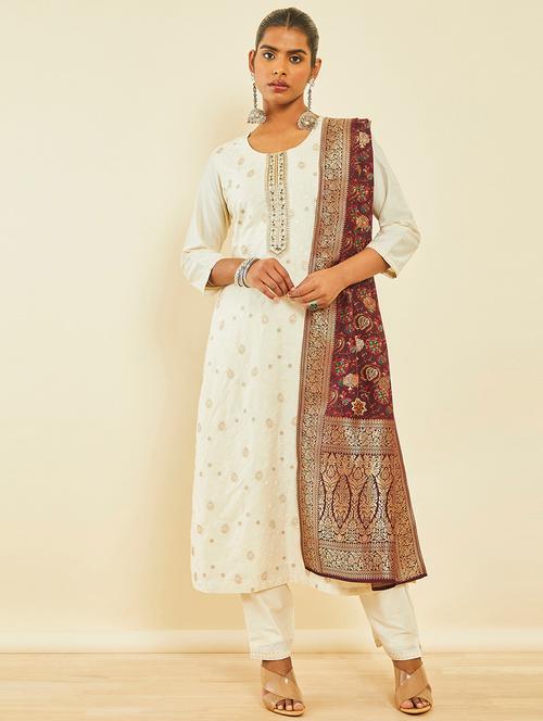 women off-white round neck kurta pant set with dupatta - 20252696 - Very Small Image - 1