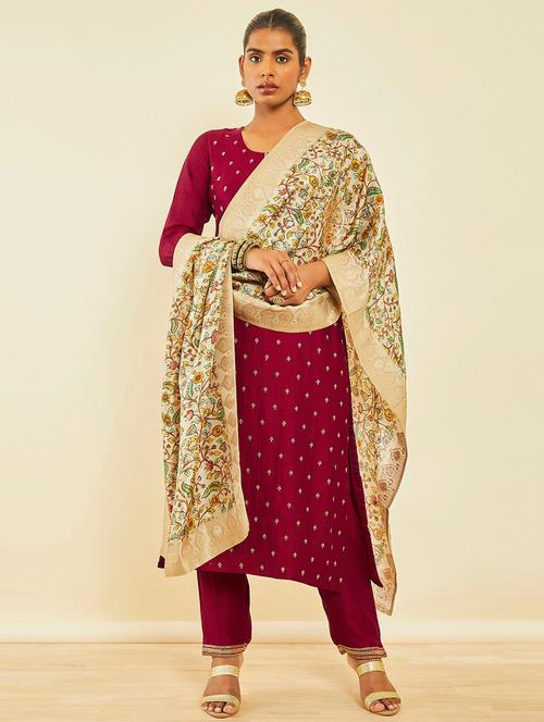 women maroon round neck kurta pant set with dupatta - 20252699 - Very Small Image - 1