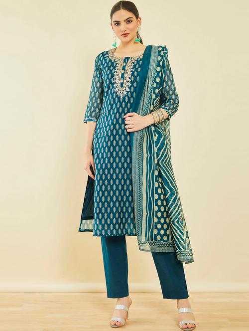 teal three quarter sleeve suit set - 20252729 - Very Small Image - 1