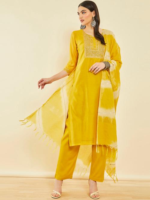 yellow three quarter sleeve suit set - 20252737 - Very Small Image - 1