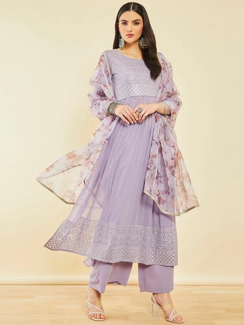 lavender three quarter sleeve suit set - 20252742 - Very Small Image - 1
