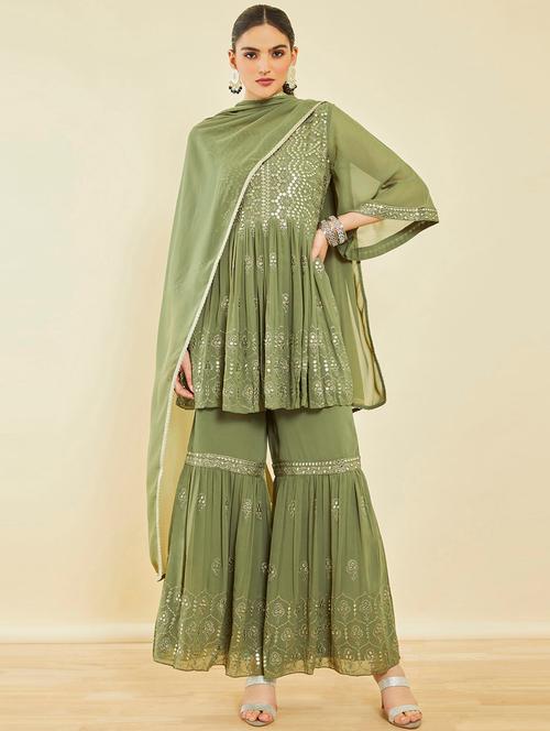 olive three quarter sleeve suit set - 20252744 - Very Small Image - 1