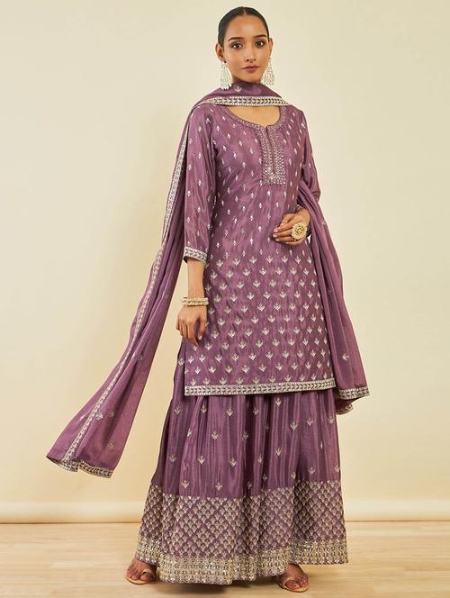 pink round neck kurta palazzo set with dupatta - 20252756 - Very Small Image - 1