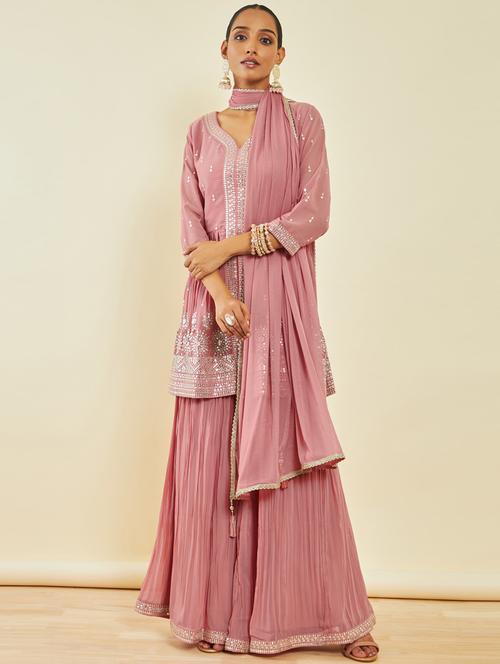 pink three quarter sleeve suit set - 20252758 - Very Small Image - 1