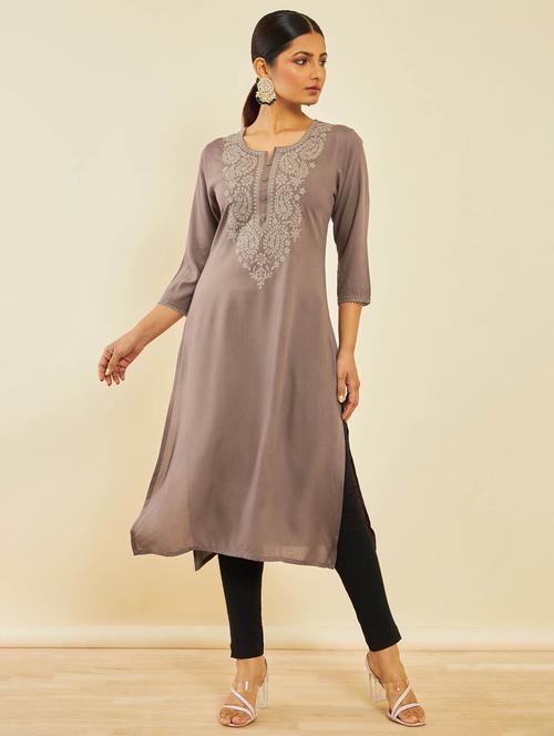 women brown notch neck a-line kurta - 20252898 - Very Small Image - 1