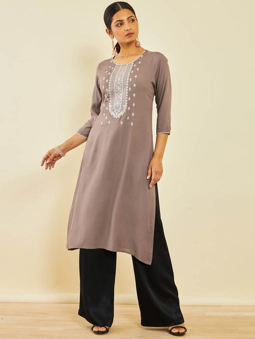brown embroidered round neck a-line kurta - 20252914 - Very Small Image - 1
