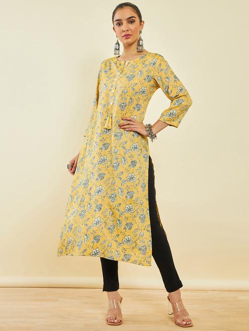 women yellow round neck a-line kurta - 20252947 - Very Small Image - 1