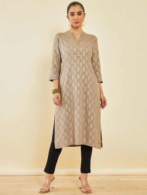 grey mandarin neck paisely printed a-line kurta - 20252961 - Very Small Image - 1