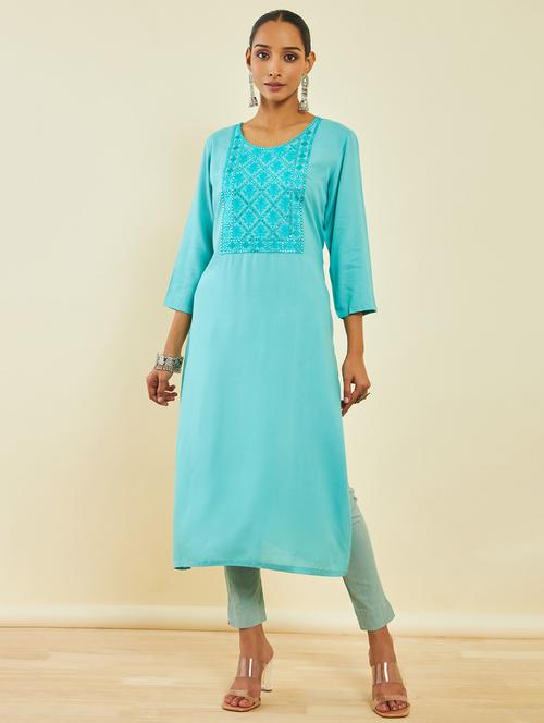 women blue round neck a-line kurta - 20252991 - Very Small Image - 1