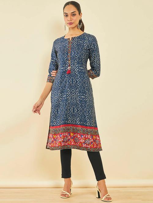 women blue notch neck a-line kurta - 20252995 - Very Small Image - 1