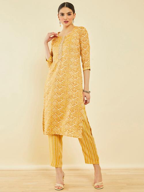 women yellow round neck kurta pant set - 20253064 - Very Small Image - 1