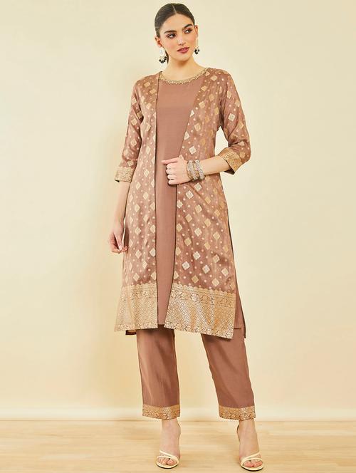 brown colored kurta pant set - 20253116 - Very Small Image - 1