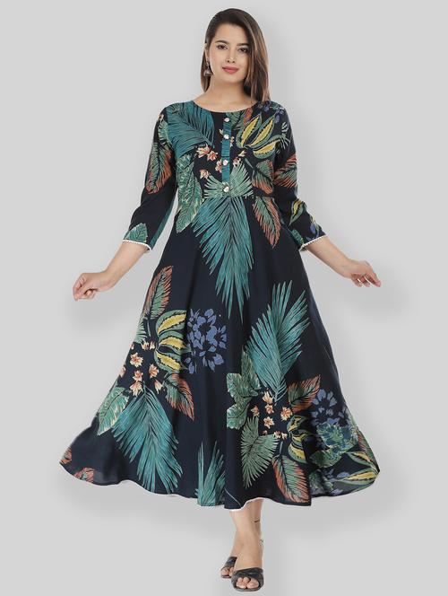 navy blue flared ethnic dress - 20253655 - Very Small Image - 1