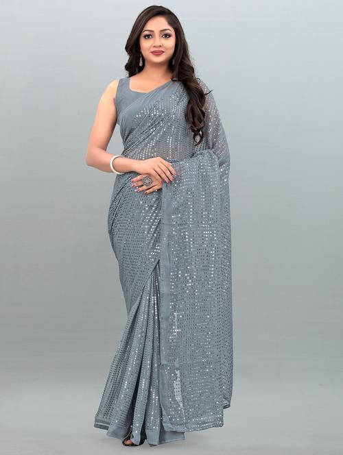 women grey sequin work georgette saree - 20253799 - Very Small Image - 1