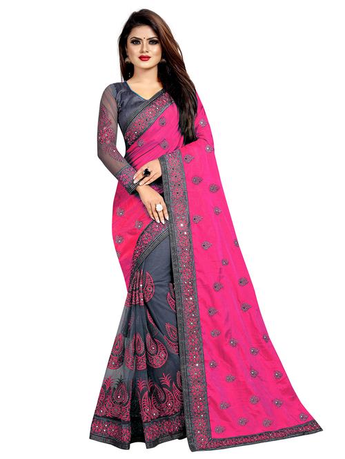 women's solid with work pink colored saree with blouse - 20253970 - Very Small Image - 1