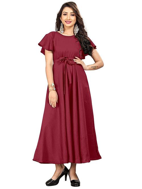 maroon solid bell sleeves fit & flare maxi dress - 20254394 - Very Small Image - 1