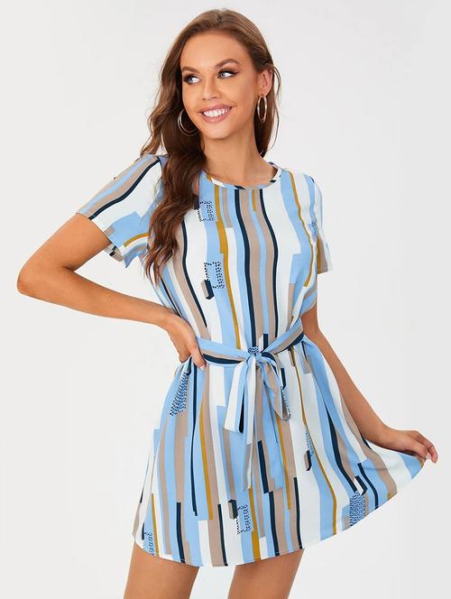 light blue striped round neck a-line dress - 20254502 - Very Small Image - 1