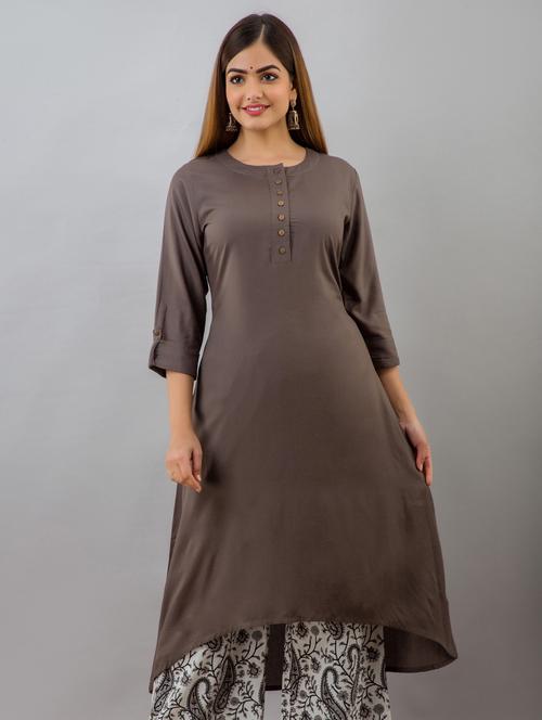 women round neck solid high-low kurta - 20254720 - Very Small Image - 1