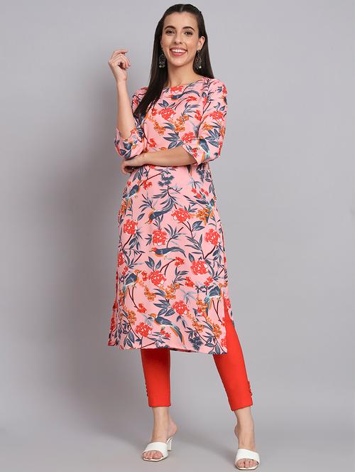 pink floral printed round neck straight kurta - 20254802 - Very Small Image - 1
