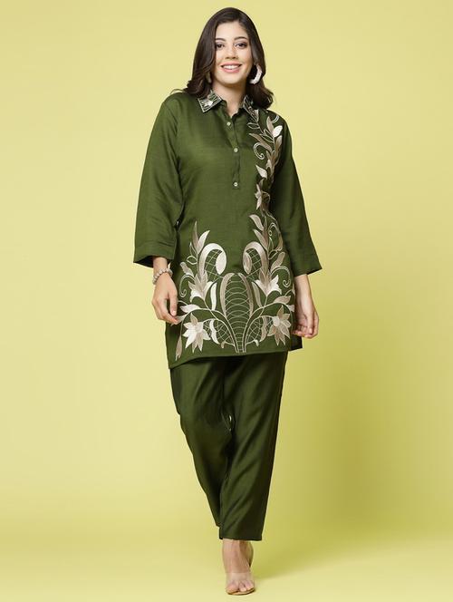 olive solid with work top and trouser set - 20254814 - Very Small Image - 1