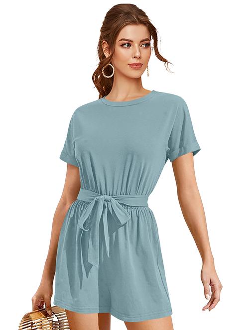 light blue solid round neck romper with belt - 20254859 - Very Small Image - 1