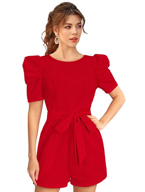 red solid puff sleeves romper with belt - 20254861 - Very Small Image - 1
