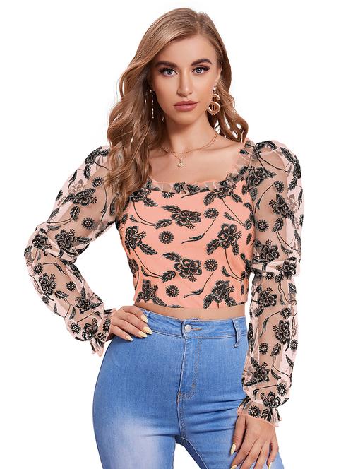 peach floral print puff sleeves crop top - 20255152 - Very Small Image - 1